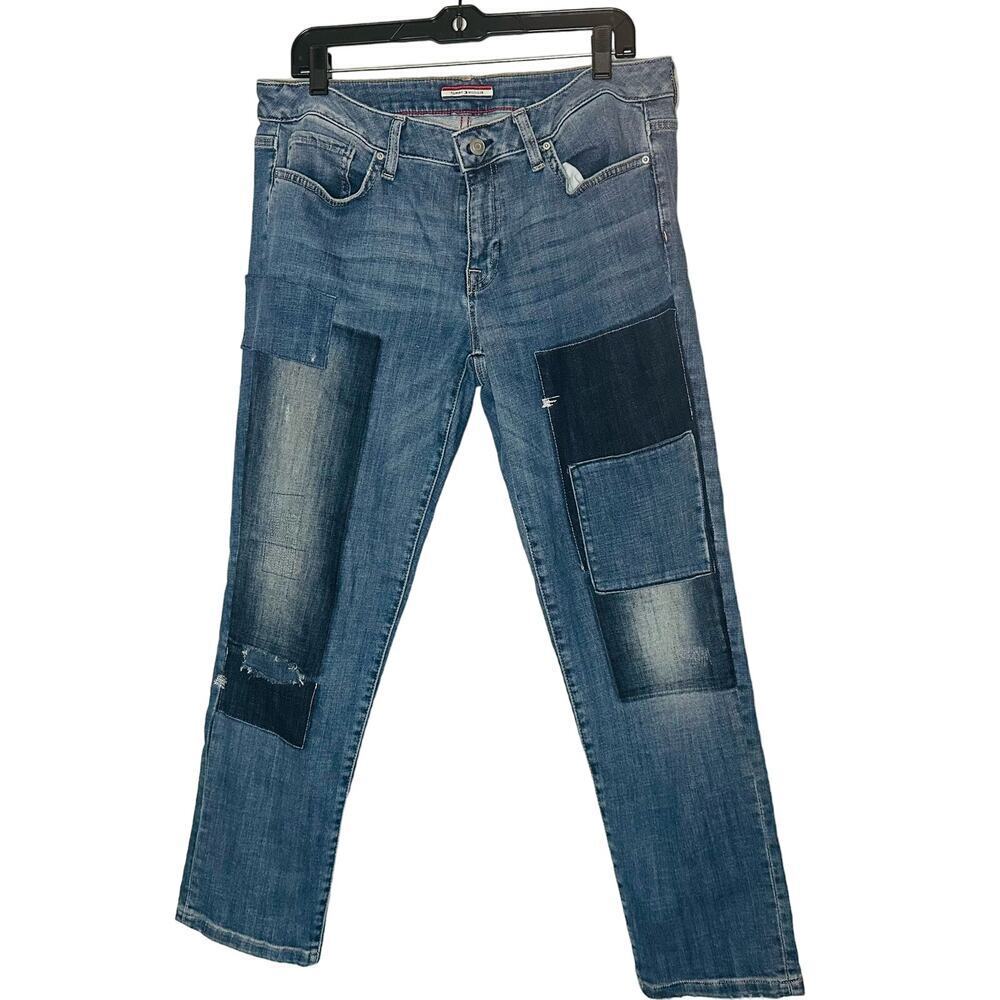 TOMMY HILFIGER Women's Medium Wash Patchwork Y2K Boyfriend Denim Jeans Size 8